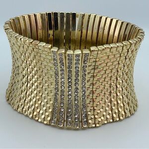 Gold Wide Rhinestone Stretch Cuff Bracelet Statement Runway Style